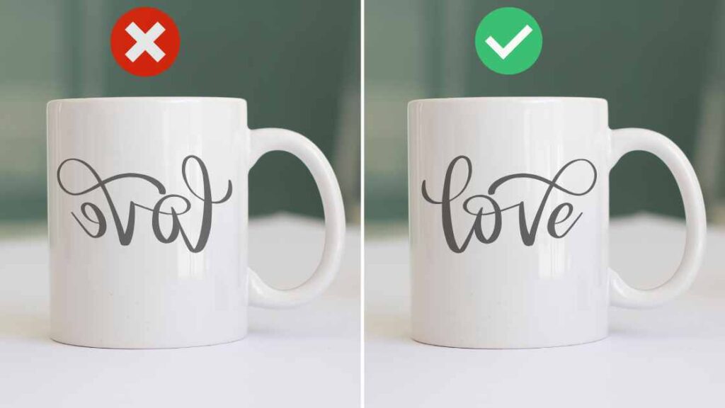 An image grid with two mugs : one mug with mirror image print and other one wihtout mirror image representing the query: Do you mirror image for sublimation ?