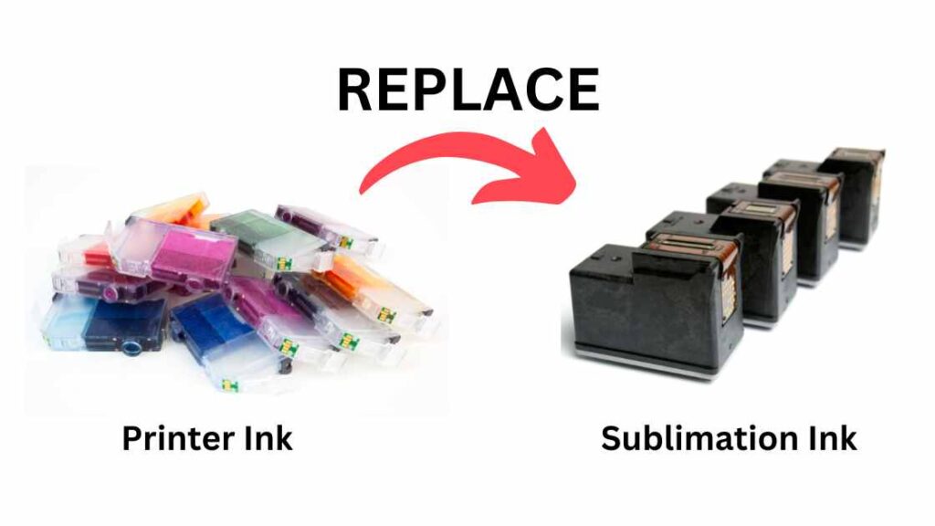 An illustration of replacing printer ink cartridges to sublimation ink cartridges and representing the query: How to convert Hp printer to sublimation printer? Or Can you use an HP printer for sublimation ?