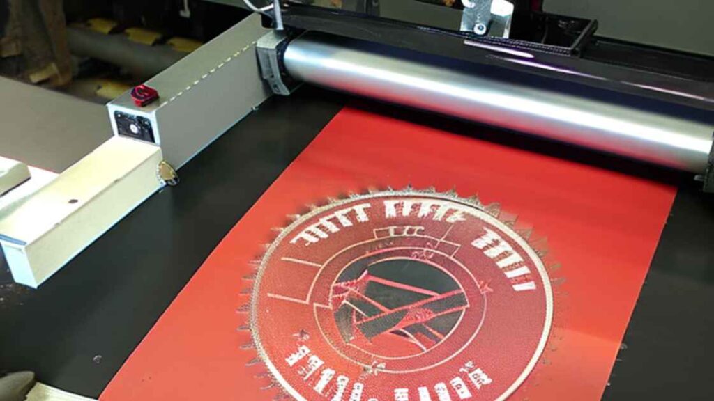 A red colored Leather piece with design lying in heat press representing the query : How to print on Leather with heat transfer? Or Is heat transfer printing on leather possible ?