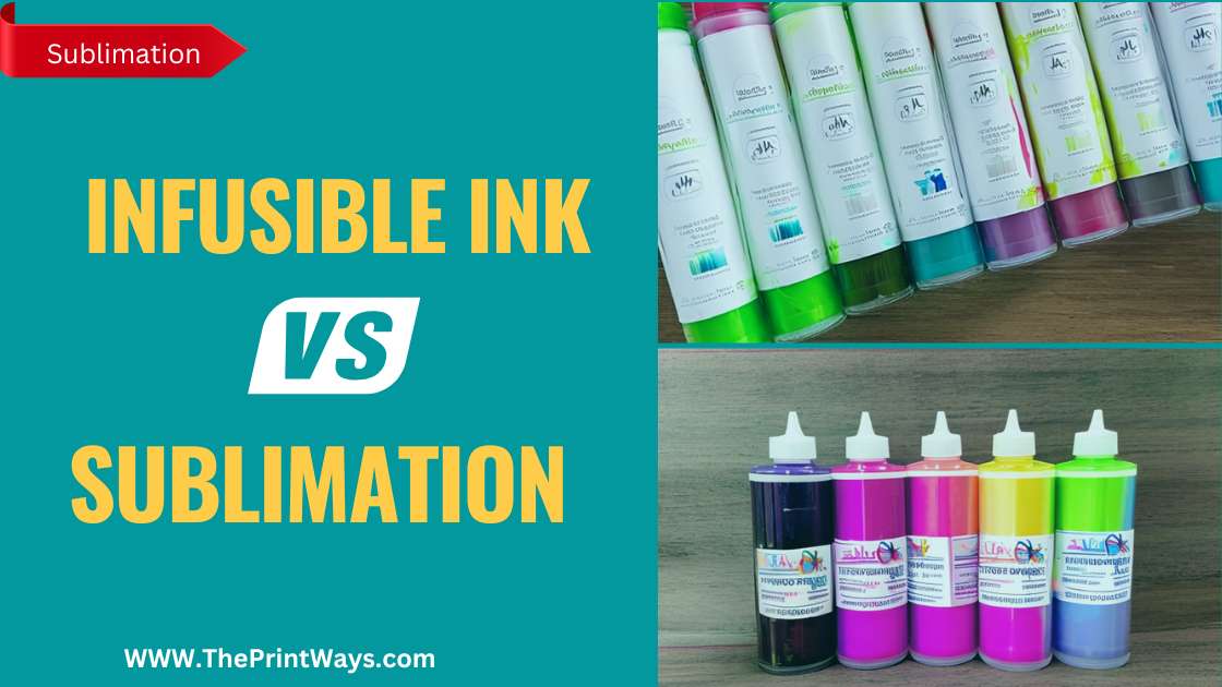 An illustration of Cricut infusible ink and sublimation with the text wittent on left: Infusible ink Vs Sublimation.