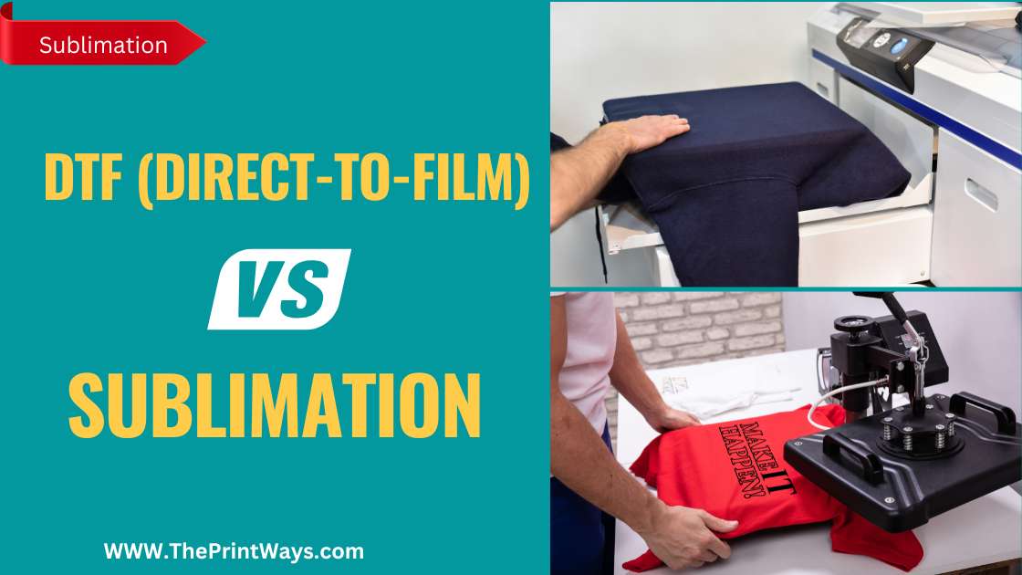 An illustration of DTF printing and sublimation with the text written on left: DTF vs Sublimation. What is the difference between dtf and sublimation ?
