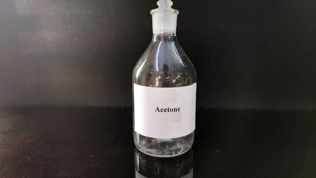 Acetone chemical in a bottle representing a pretreatment solution for sublimation. (Can you sublimate on rayon?)