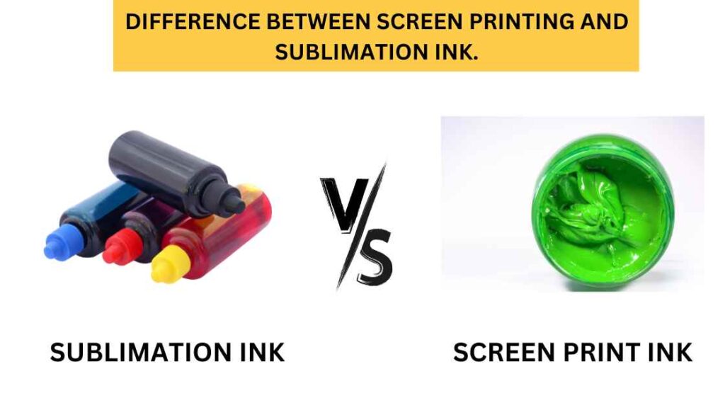An Illustration of comparison between Sublimation ink and Screen printing ink representing the query: Sublimation Vs Screen printing. Or Screen print Vs Sublimation. Or Screen printing Vs Sublimation. Or Sublimation printing Vs Screen printing. Or Difference between sublimation and screen print. Or Sublimation Vs screen print. Or Difference between screen printing and Sublimation. Or Difference between sublimation and screen printing.