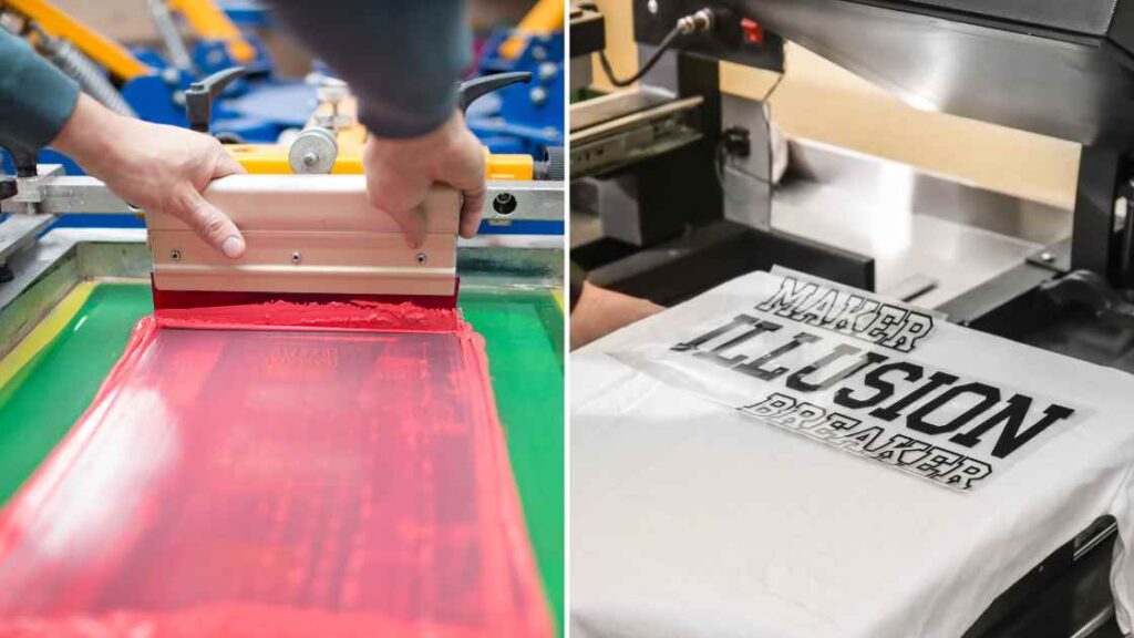 An photo grid of comparison between Screen printing and sublimation representing the query: Sublimation Vs Screen printing. Or Screen print Vs Sublimation. Or Screen printing Vs Sublimation. Or Sublimation printing Vs Screen printing. Or Difference between sublimation and screen print. Or Sublimation Vs screen print. Or Difference between screen printing and Sublimation. Or Difference between sublimation and screen printing.