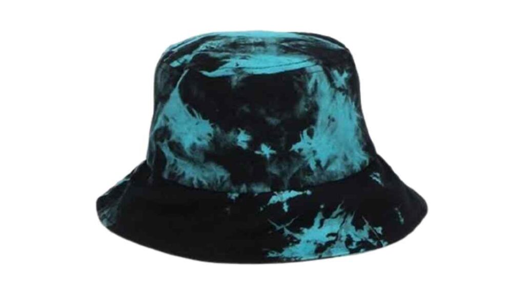 A black colored tie dyed bucket hat with blue tie dye print representing the queries: How to tie dye a bucket hat ? Or Is bucket hat tie dye possible ? Or How to tie die bucket hat? Or How to tie dye bucket hats ? Or How to tye dye bucket hats ? What are tie dye hat patterns ?