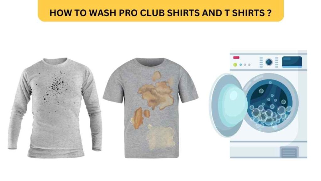 An illustrration of washing pro club shirts with stain in a washing machine representing the queries: How to wash pro club shirts ? Or How to wash pro clubs ? Or How to Wash a pro club shirt ? Or How to wash white pro club shirts ? Or How to dry pro club shirts ? Or How to Dry pro clubs ? Or How to Wash white pro clubs ? Do pro club hoodies shrink ? Or Do pro clubs shrink in the dryer ? Or Do pro clubs shrink ? How to shrink pro club shirts ? Or Do pro clubs run small ?